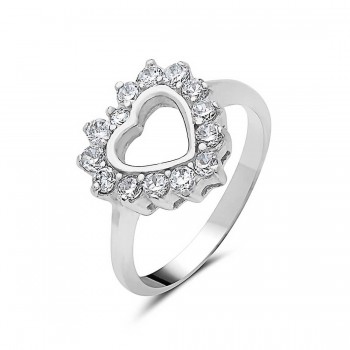 Sterling Silver Ring 11mm Open Clear Cubic Zirconia Heart Hallow