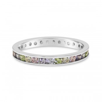 Sterling Silver Ring Eternity Round Cut Multicolor-Color Cubic Zirconia