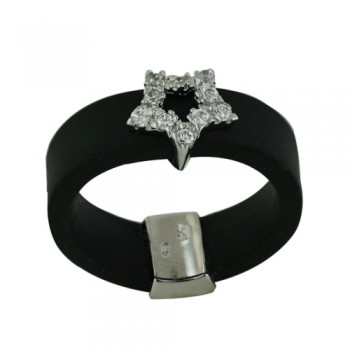 Sterling Silver Ring Open Star Clear Cubic Zirconia Black Rubber