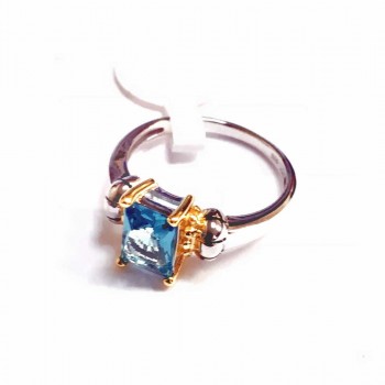Sterling Silver Ring Two Tone Rectangular Aqua Blue Glass