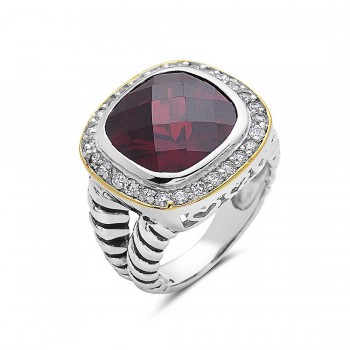Sterling Silver Ring 13X13mm Chess Cut Garnet Cubic Zirconia Outer Gold Tone+ I