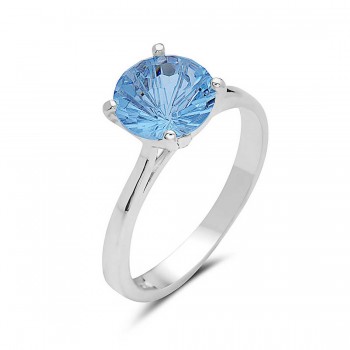 Sterling Silver Ring 8mm Flower Cut Aqua Marine Glass Solitaire