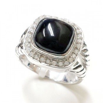 Sterling Silver Ring 16X16mm Onyx Cushion with Cubic Zirconia Around