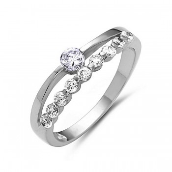 Sterling Silver Ring Plain (with 1Pcs Cubic Zirconia) +Clear Cubic Zirconia Row