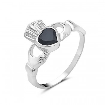 Sterling Silver Ring (W=6mm) Black Cubic Zirconia Heart Claddagh