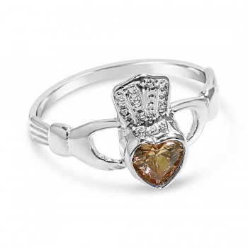 Sterling Silver Ring (W=6mm) Champagne Cubic Zirconia Heart Claddagh