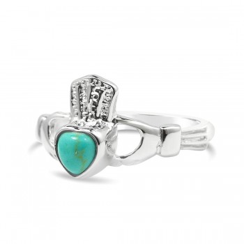 STERLING SILVER RING (W=6MM) FAUX TURQUOISE  HEART CLADDAGH