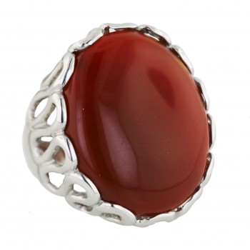 Sterling Silver Ring Cabochon Oval Carnelian with Wavy Sided
