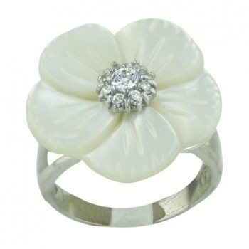 Sterling Silver Ring Width=22mm White Mother of Pearl Flower+Clear Cubic Zirconia Cente