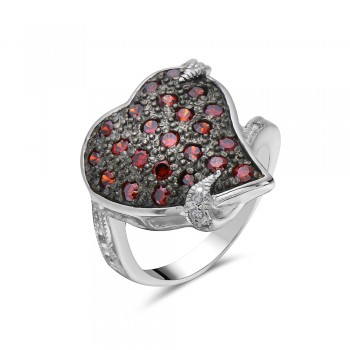 Sterling Silver Ring (L=19.5mm) Pave Garnet Cubic Zirconia (Black Plated) Heart