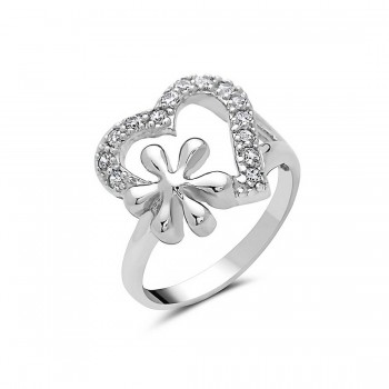 Sterling Silver Ring Clear Cubic Zirconia Heart with Flower on Side