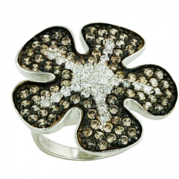 Sterling Silver Ring Coffee (Black Plated) +Clear Cubic Zirconia 5 Petals Flower