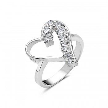 Sterling Silver Ring Plain+Clear Cubic Zirconia Open Heart