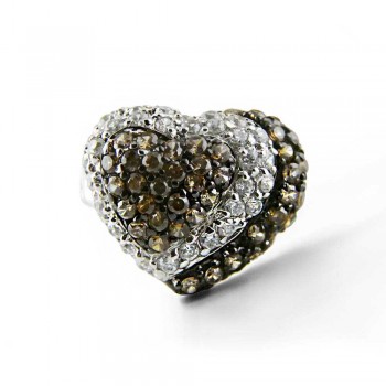 Sterling Silver RING COFFEE Cubic Zirconia HEART WITH PAVE Clear Cubic Zirconia HEART