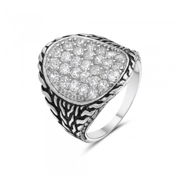 Sterling Silver Ring Concave Oval Clear Cubic Zirconia Paved Oxidized Side