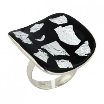 Sterling Silver Ring 31X29mm Rhodium Plating Plate+Black Enamel Slope Cushio