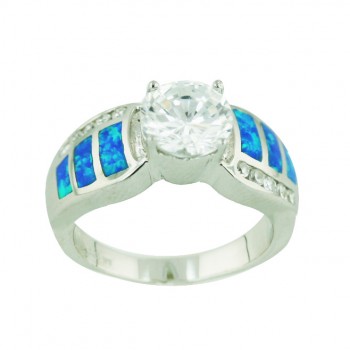 Sterling Silver Ring 8mm Round Clear Cubic Zirconia+Blue Opal (K-5) both Side