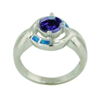 Sterling Silver Ring 7mm Round Ame Cubic Zirconia with Blue Opal (K-5) Circle+