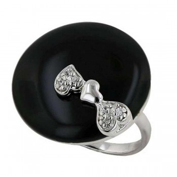 Sterling Silver Ring 22mm Onyx Round with Clear Cubic Zirconia+Plain Heart