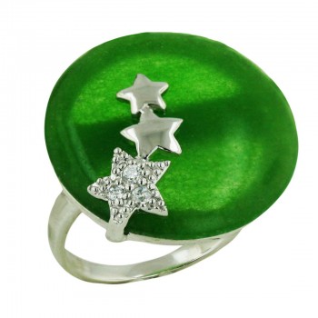 Sterling Silver Ring W=22mm Round Green Jade with Clear Cubic Zirconia+Plain Star
