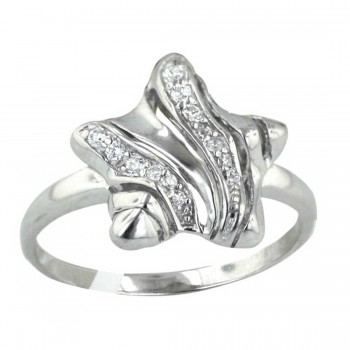 Sterling Silver Ring Plain+Clear Cubic Zirconia Wavy Lined Star--Rhodium Plating/Nickle Free--