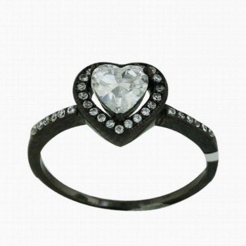 Sterling Silver Ring (W=6mm) Heart Clear Cubic Zirconia+Micropave Around with Bl