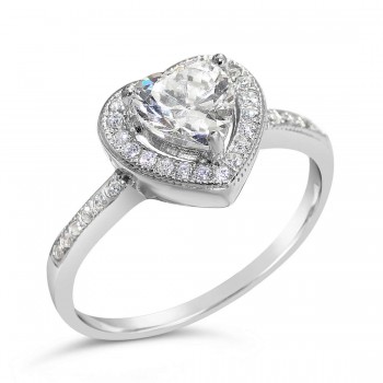 Sterling Silver Ring (W=6mm) Heart Clear Cubic Zirconia+Micropave Around with Rhodium Plating