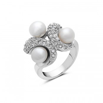 Sterling Silver Ring 7mm Triple White Fresh Water Pearl with Clear Cubic Zirconia in Between--