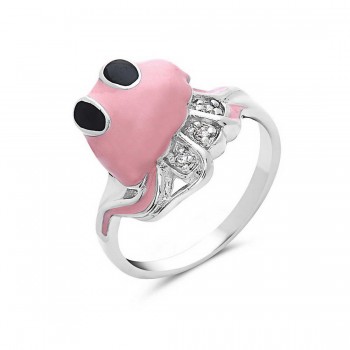 Sterling Silver Ring Pink Enamel+Clear Cubic Zirconia Octopus