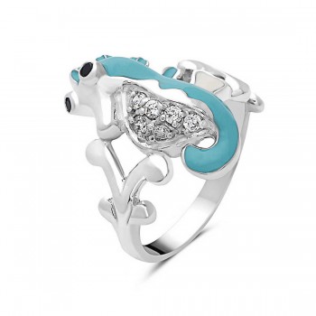 Sterling Silver Ring Turquoise.Blue Enamel+Clear Cubic Zirconia Seahorse