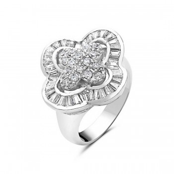 Sterling Silver Ring Clear Cubic Zirconia Baguette Flower