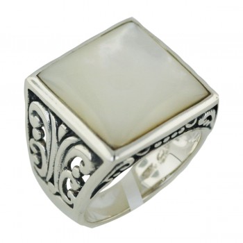 Sterling Silver Ring 18X18mm White Mother of Pearl Square Bezel Set with Oxidize