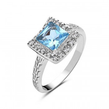 Sterling Silver Ring 12X12mm Sky Blue Topaz Square with White Topaz A