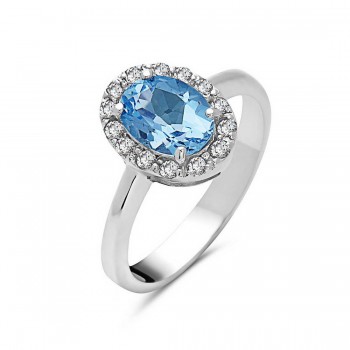 Sterling Silver Ring 13X10mm Sky Blue Topaz Oval with White Topaz