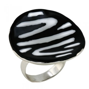 Sterling Silver Ring 30mm Black+White Enamel Zebra Print Round
