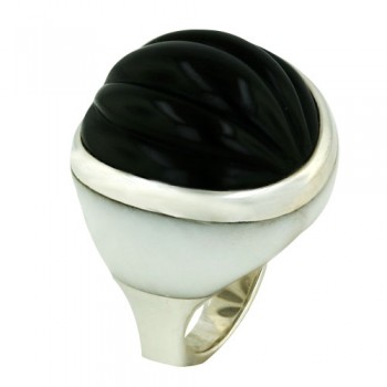 Sterling Silver Ring 25mm White Jade with Shell Pattern Black A