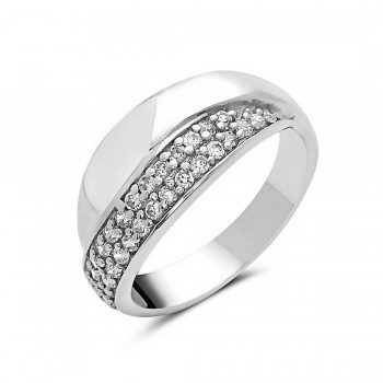Sterling Silver Ring Clear Cubic Zirconia Pave+Plain Silver