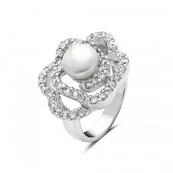 Sterling Silver Ring Clear Cubic Zirconia with 8mm White Fresh Water Pearl Rhodium Plating Plating Flower