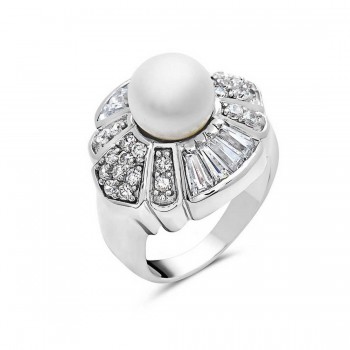 Sterling Silver Ring Clear Cubic Zirconia with 10mm White Fresh Water Pearl Rhodium Plating Plating Refer