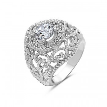 Sterling Silver Ring with Filigree Design and Clear Cubic Zirconia