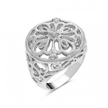 Sterling Silver Ring Round Shape Filigree with Clear Cubic Zirconia