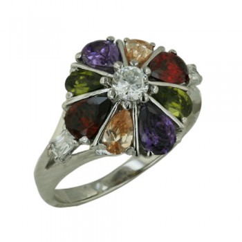 Sterling Silver Ring 22mm Diamond Shape Flower with Multicolor Color