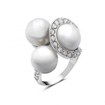 Sterling Silver Ring with 3 10mm Shell Pearls with Swirl Clear