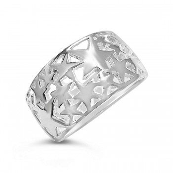 Sterling Silver Ring Wide Band Open Stars Plain Silver -E-Coat