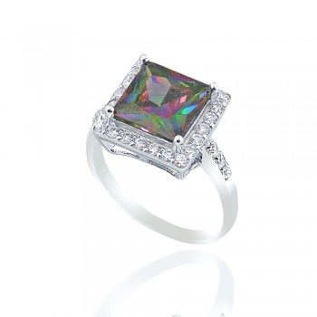 Sterling Silver Ring 11mm Square Mystic Topaz Cubic Zirconia with