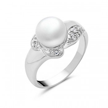 Sterling Silver Ring Clear Cubic Zirconia with Fresh Water Pearl 9mm Potato