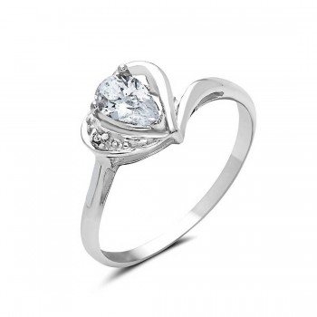 Sterling Silver Ring Open Heart Clear Cubic Zirconia with Clear Cubic Zirconia Tear Drop