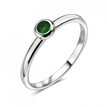 Sterling Silver Ring Solitaire Tiny Emerald Green Glass Bezel