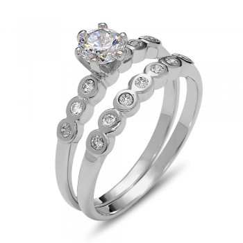 SS Ring 2Pc Set 5Mm Cl Cz W/ 1.3Mm Cl Cz On Bands