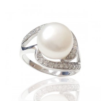 Sterling Silver Ring Clear Cubic Zirconia Curves Around 12mm Fresh Water Pearl
